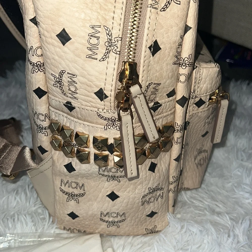 MCM Beige and Black Logo Backpack
